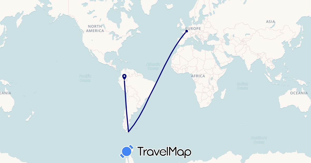 TravelMap itinerary: driving in Argentina, Brazil, France, Peru (Europe, South America)